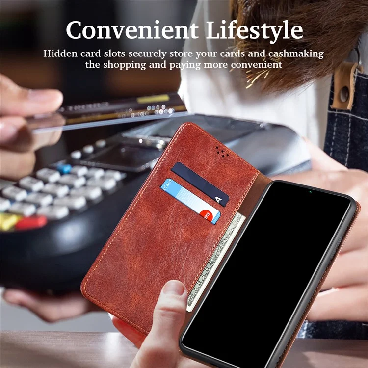 Full Protection Wallet Design Oil-Waxy Leather Phone Stand Case for iPhone 13 mini 5.4 inch - Brown