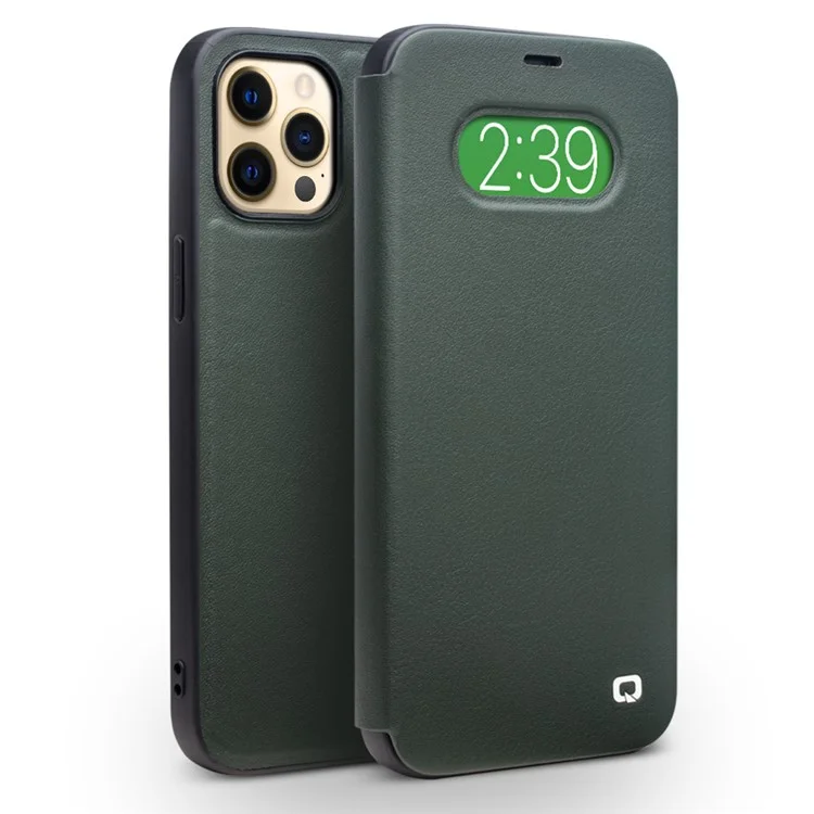 QIALINO Estilo Clássico Ultra Fino Caso de Couro Genuíno Premium Flip Folio à Prova de Choque para iPhone 12 Pro Max 6,7 Polegadas - Verde Escuro 