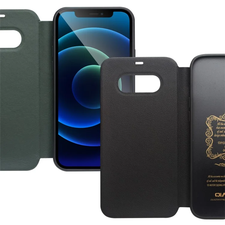 QIALINO Estilo Clássico Ultra Fino Caso de Couro Genuíno Premium Flip Folio à Prova de Choque para iPhone 12 Pro Max 6,7 Polegadas - Verde Escuro 