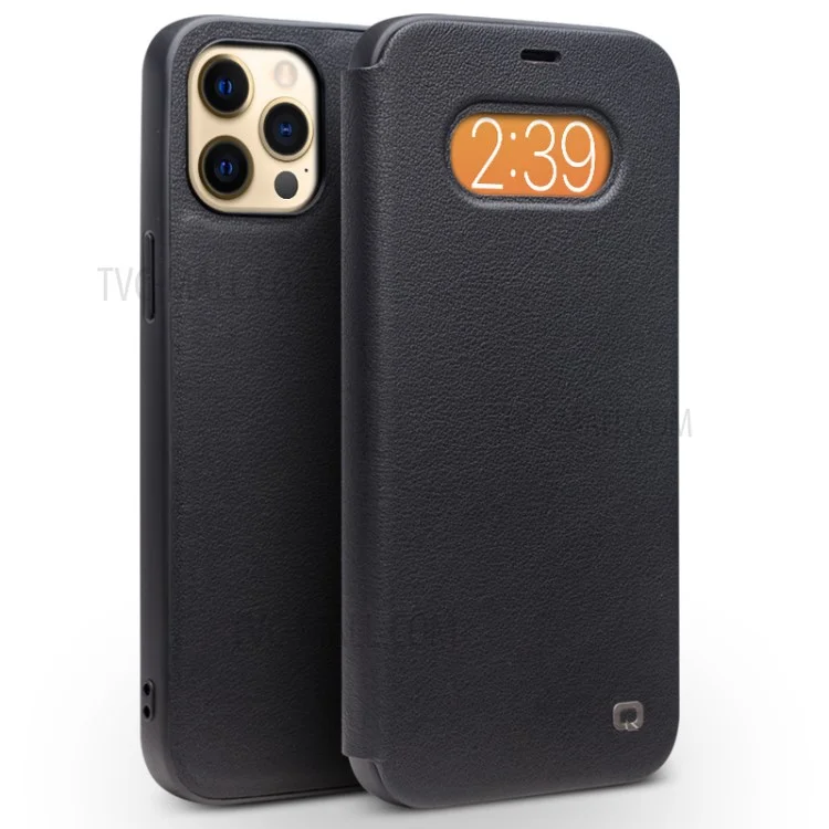 Qialino Ultra Thin Flip Flip Flip Folio de Abertura em Design de Borda Curva Para Iphone 12 6,1 Polegadas / 12 Pro 6,1 Polegadas / Preto
