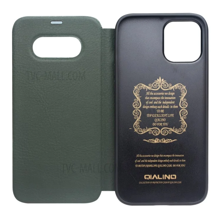Qialino Ultra Thin Flip Flip Flip Folio de Abertura em Design de Borda Curva Para Iphone 12 6,1 Polegadas / 12 Pro 6,1 Polegadas / Verde Escuro