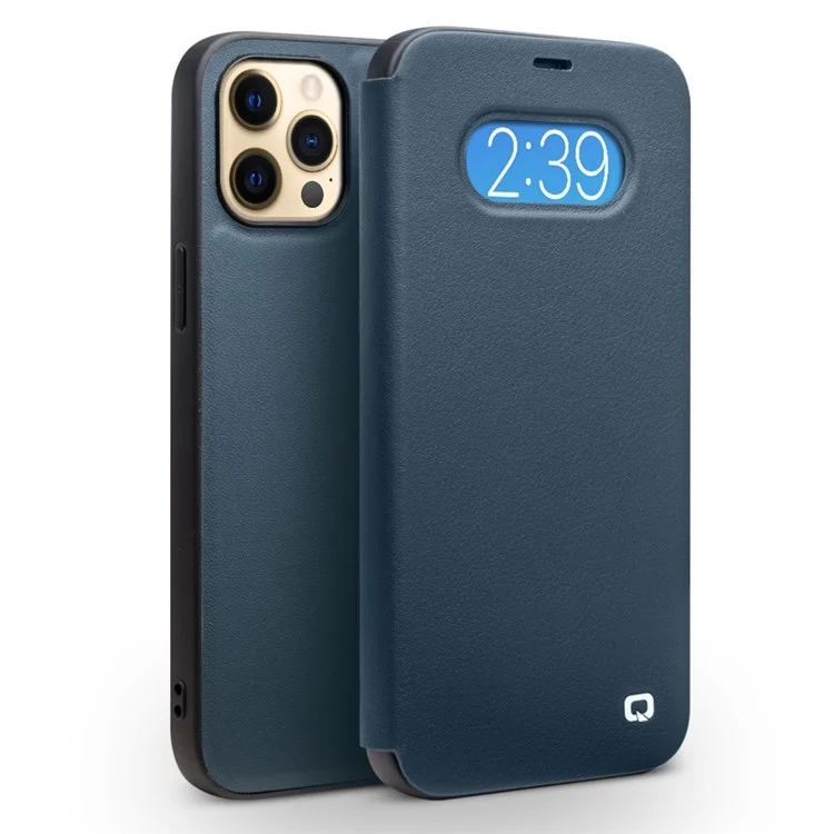 QIALINO Ultra Fina Capa de Couro Genuíno Flip Folio com Design de Borda Curva para iPhone 12 6.1 polegadas / 12 Pro 6.1 polegadas / Azul Marinho 