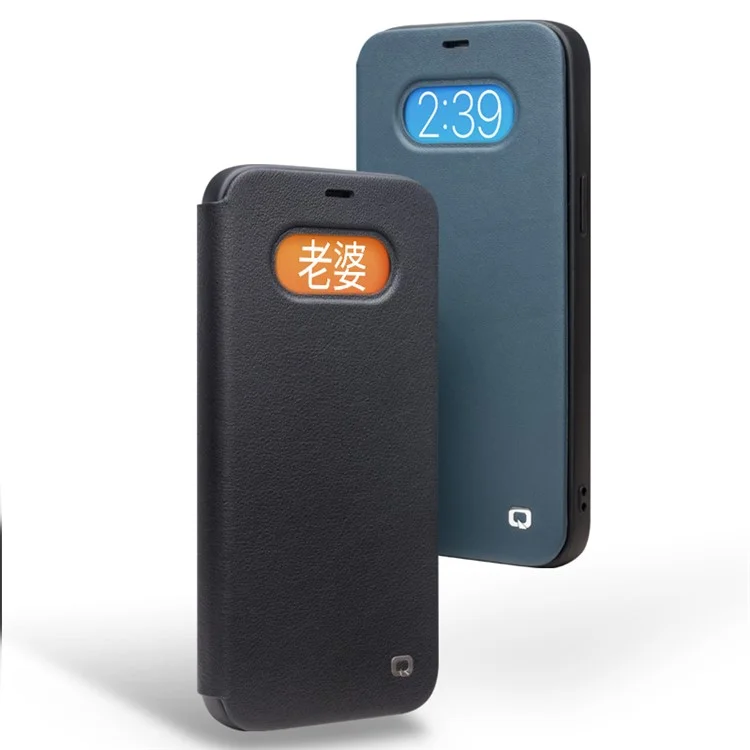 QIALINO Ultra Fina Capa de Couro Genuíno Flip Folio com Design de Borda Curva para iPhone 12 6.1 polegadas / 12 Pro 6.1 polegadas / Azul Marinho 
