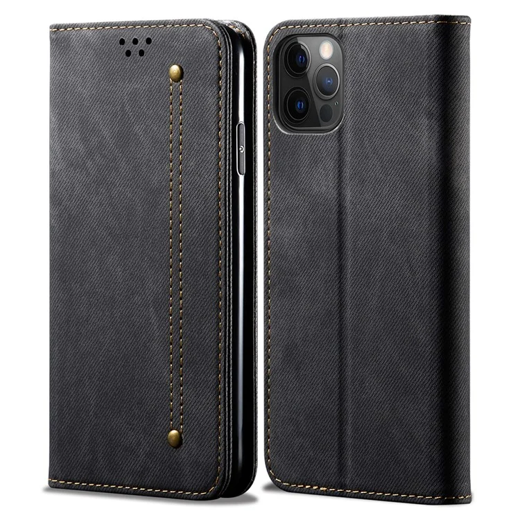 Full Protection Jeans Cloth Texture Leather Wallet Stand Design Case for iPhone 13 Pro Max 6.7 inch - Black