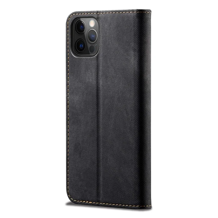Jeans Cloth Texture Leather Wallet Stand Design Case para iPhone 13 Pro Max 6.7 polegadas - Preto