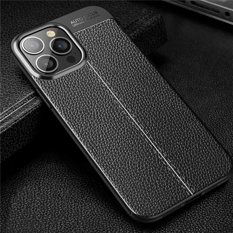 Soft TPU Litchi Texture Phone Back Case for iPhone 13 Pro Max - Black