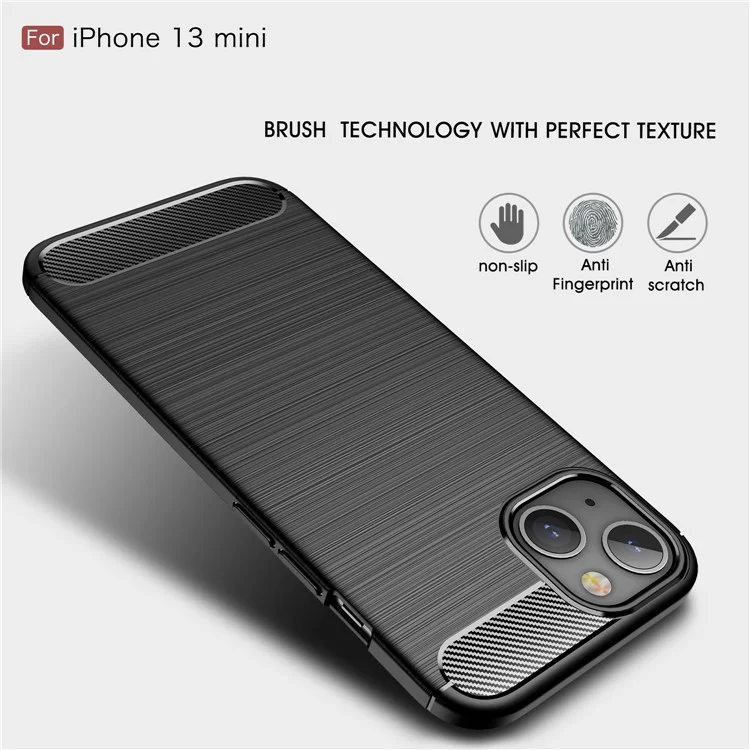 Textura de Fibra de Carbono TPU Cepilado Flexible Phone Protective Back Case Para Iphone 13 Mini 5.4 Pulgadas - Negro