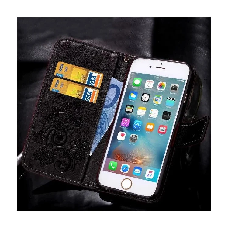 Flowers Pattern Leather Wallet Case for iPhone 6s Plus / 6 Plus - Black