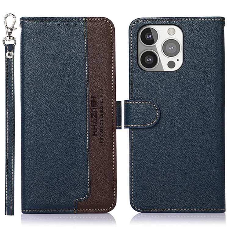 KHAZNEH Litchi Texture RFID Anti-theft Swiping Function Leather Phone Case per iPhone 13 Pro 6.1 pollici - Blu