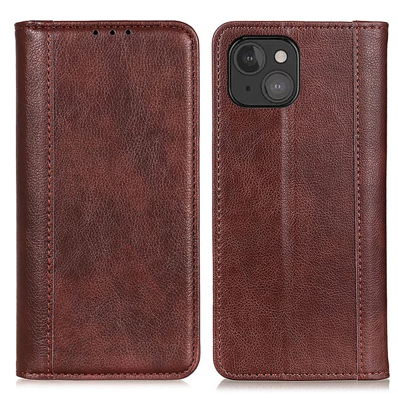 Litchi Texture Magnet Absorption Wallet Stand Split Leather Case Cover for iPhone 13 mini 5.4-inch - Brown