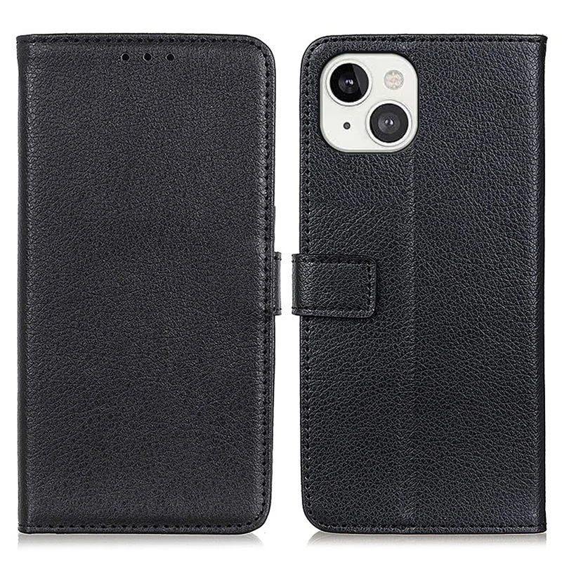 Stylish Litchi Texture Soft PU Leather Case Shockproof Anti-Scratch Protection Cover for iPhone 13 6.1 inch - Black