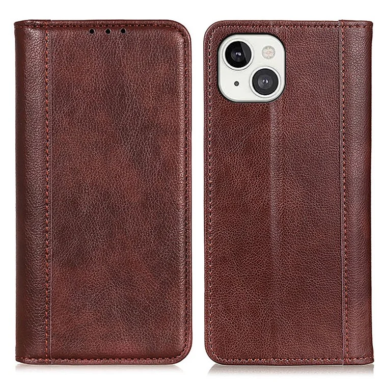 Litchi Texture Split Leather Magnet Absorption Wallet Stand Case Cover for iPhone 13 6.1-inch - Brown
