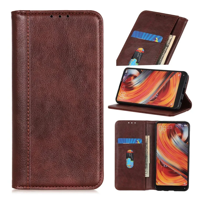 Litchi Texture Split Leather Magnet Absorption Wallet Stand Case Cover for iPhone 13 6.1-inch - Brown
