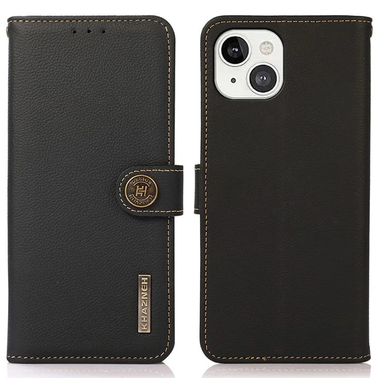 KHAZNEH Genuine Leather Flip Case RFID Anti-Theft Business Wallet Cover для iPhone 13 6.1 дюйма - черный