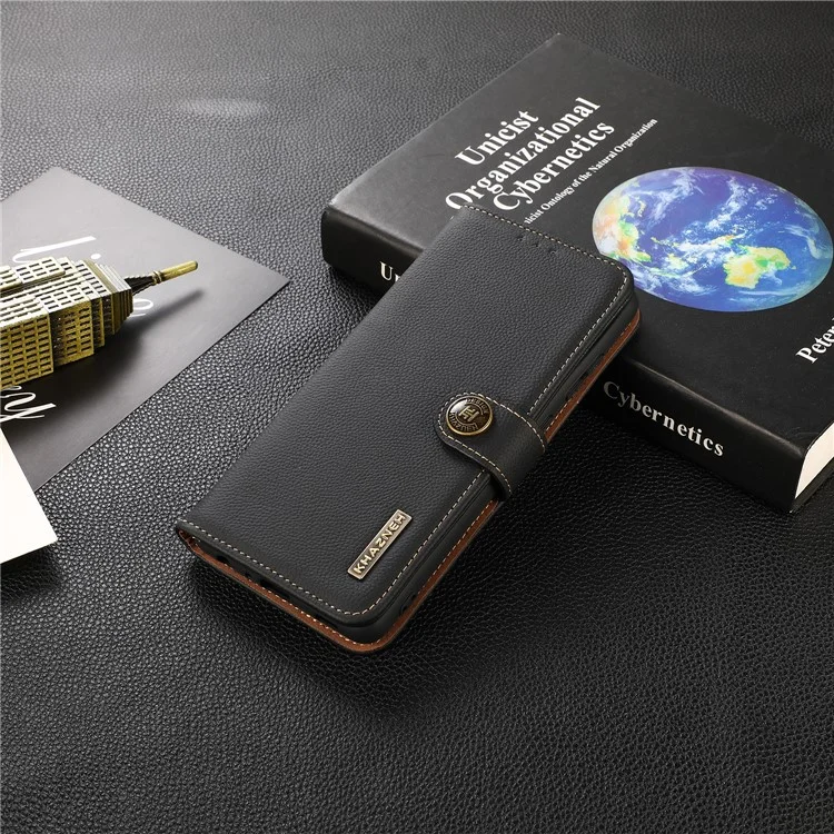 KHAZNEH Genuine Leather Flip Case RFID Anti-Theft Business Wallet Cover для iPhone 13 6.1 дюйма - черный