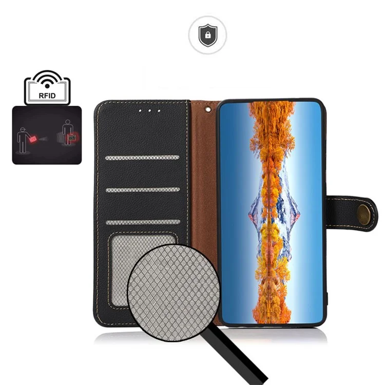 KHAZNEH Genuine Leather Flip Case RFID Anti-Theft Business Wallet Cover для iPhone 13 6.1 дюйма - черный