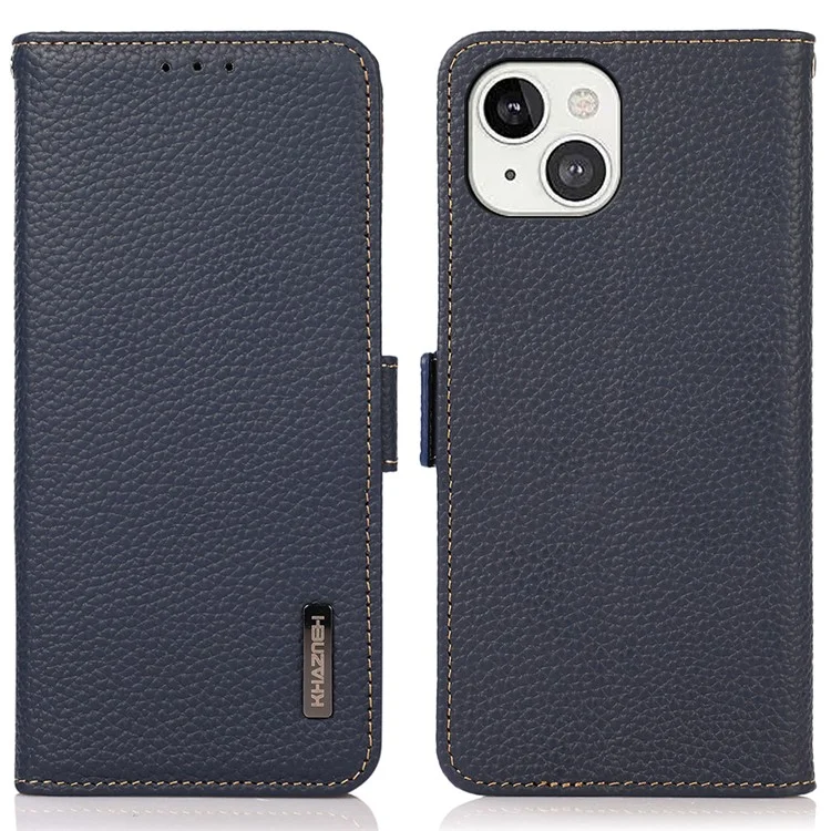 KHAZNEH Litchi Texture RFID Signal Blocking Genuine Leather Wallet Case Privacy Protection Anti-Theft Pouch Case Blocker for iPhone 13 6.1 inch - Blue