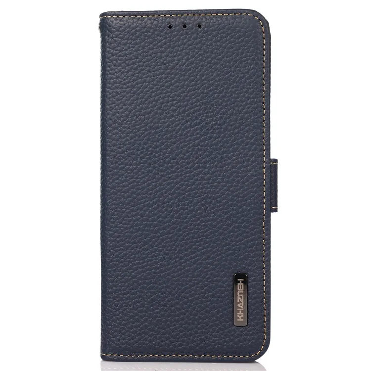 KHAZNEH Litchi Texture RFID Signal Blocking Genuine Leather Wallet Case Privacy Protection Anti-Theft Pouch Case Blocker for iPhone 13 6.1 inch - Blue