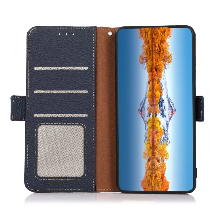 KHAZNEH Litchi Texture RFID Signal Blocking Genuine Leather Wallet Case Privacy Protection Anti-Theft Pouch Case Blocker for iPhone 13 6.1 inch - Blue
