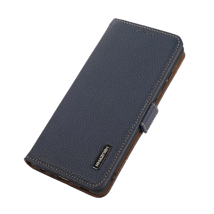 KHAZNEH Litchi Texture RFID Signal Blocking Genuine Leather Wallet Case Privacy Protection Anti-Theft Pouch Case Blocker for iPhone 13 6.1 inch - Blue