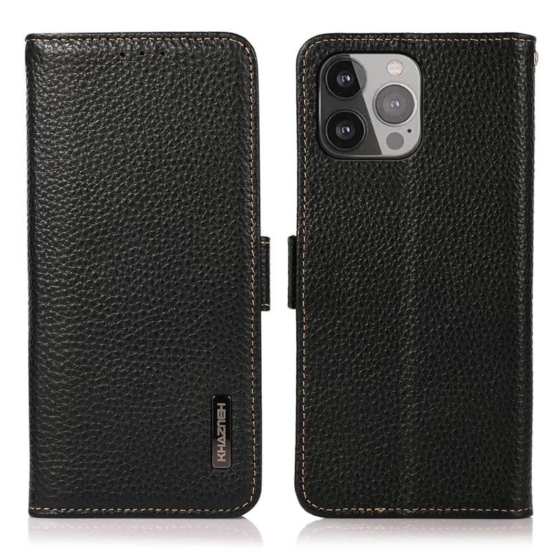 KHAZNEH Litchi Texture Anti-theft Swiping Design Genuine Leather Wallet Phone Case Shell for iPhone 13 Pro Max 6.7 inch - Black