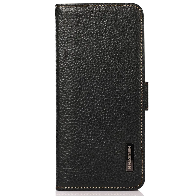 KHAZNEH Litchi Texture Anti-theft Swiping Design Genuine Leather Wallet Phone Case Shell for iPhone 13 Pro Max 6.7 inch - Black