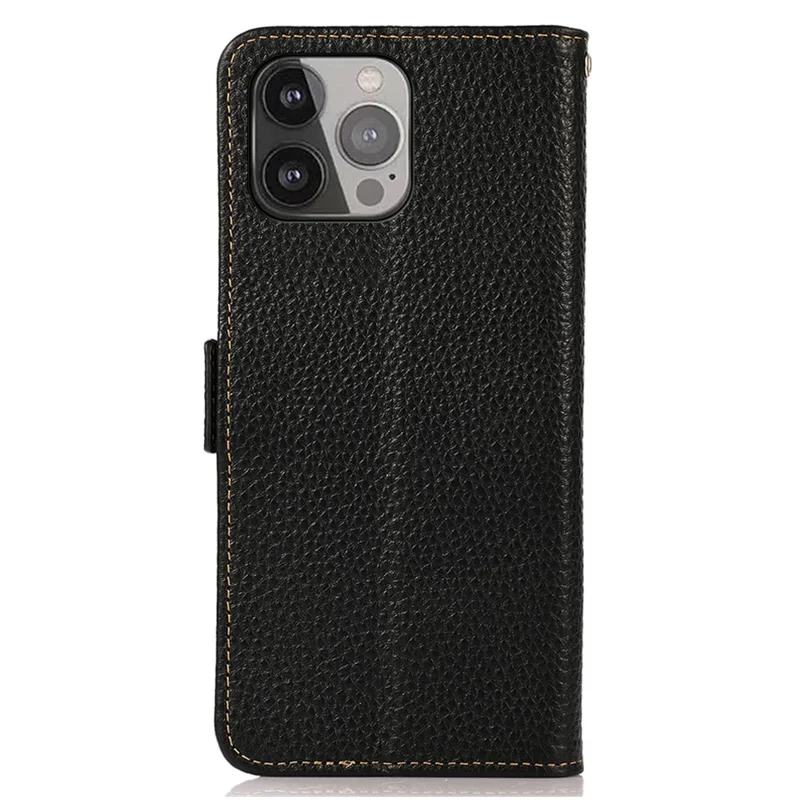 KHAZNEH Litchi Texture Anti-theft Swiping Design Genuine Leather Wallet Phone Case Shell for iPhone 13 Pro Max 6.7 inch - Black