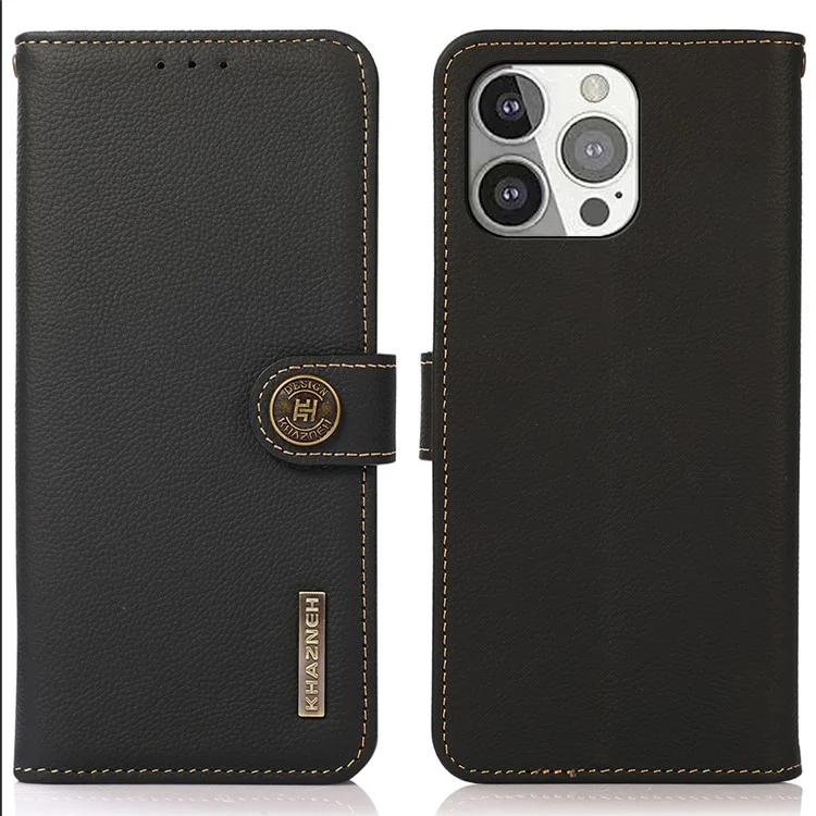 KHAZNEH Genuine Leather Anti-theft Swiping Design Wallet Phone Case  Stand Shell for iPhone 13 Pro 6.1 inch - Black