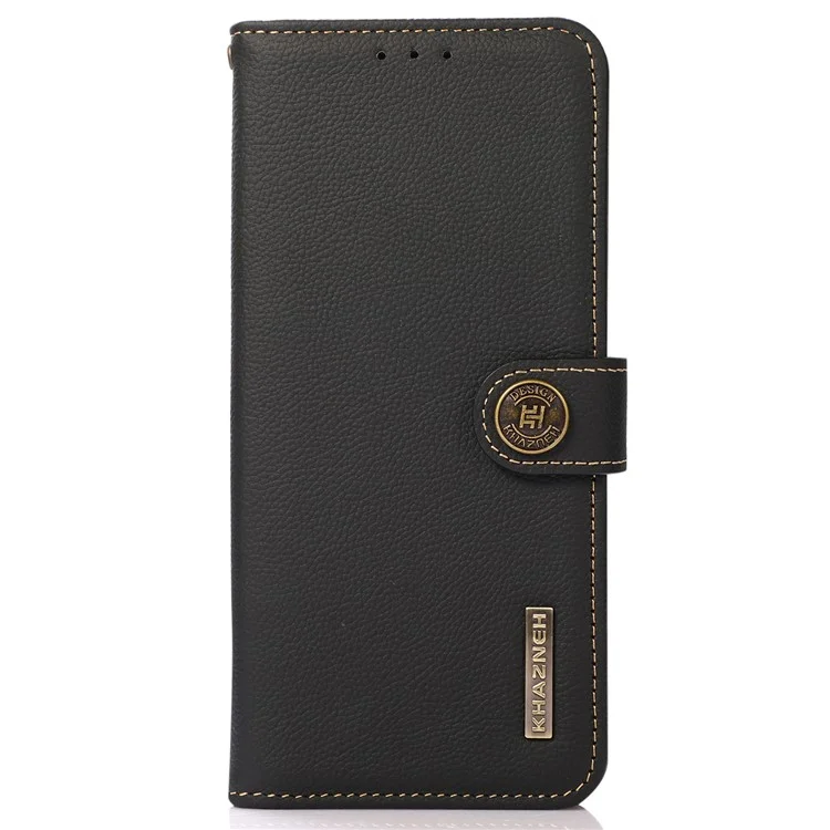 KHAZNEH Genuine Leather Anti-theft Swiping Design Wallet Phone Case  Stand Shell for iPhone 13 Pro 6.1 inch - Black