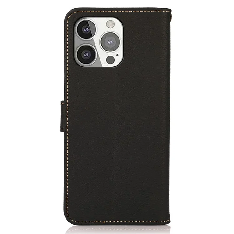 KHAZNEH Genuine Leather Anti-theft Swiping Design Wallet Phone Case  Stand Shell for iPhone 13 Pro 6.1 inch - Black