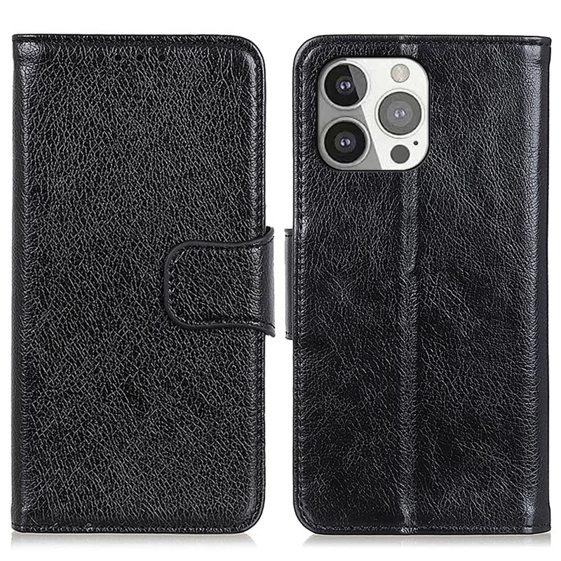 Full Protection Nappa Texture Split Leather Stand Wallet Phone Cover Case for iPhone 13 Pro 6.1 inch - Black