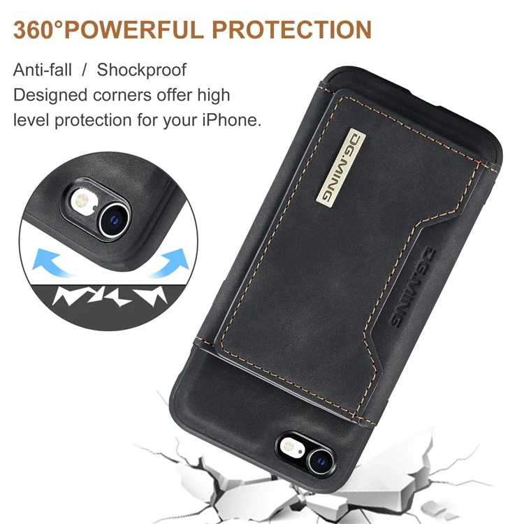 DG.MING M2 Series Multi-Function Magnetic Detachable Wallet Kickstand Flip Hybrid Case Cover for iPhone 7 4.7 inch/8 4.7 inch/SE (2020)/SE (2022) - Black
