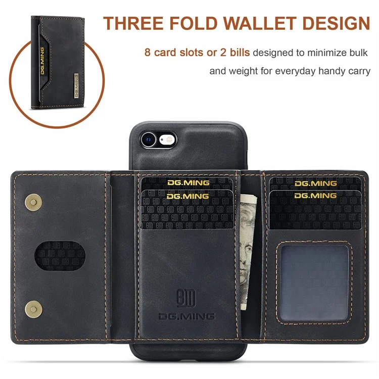 DG.MING M2 Series Multi-Function Magnetic Detachable Wallet Kickstand Flip Hybrid Case Cover for iPhone 7 4.7 inch/8 4.7 inch/SE (2020)/SE (2022) - Black