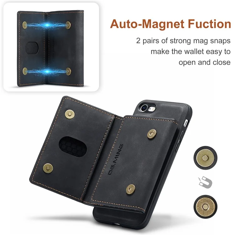 DG.MING M2 Series Multi-Function Magnetic Detachable Wallet Kickstand Flip Hybrid Case Cover for iPhone 7 4.7 inch/8 4.7 inch/SE (2020)/SE (2022) - Black