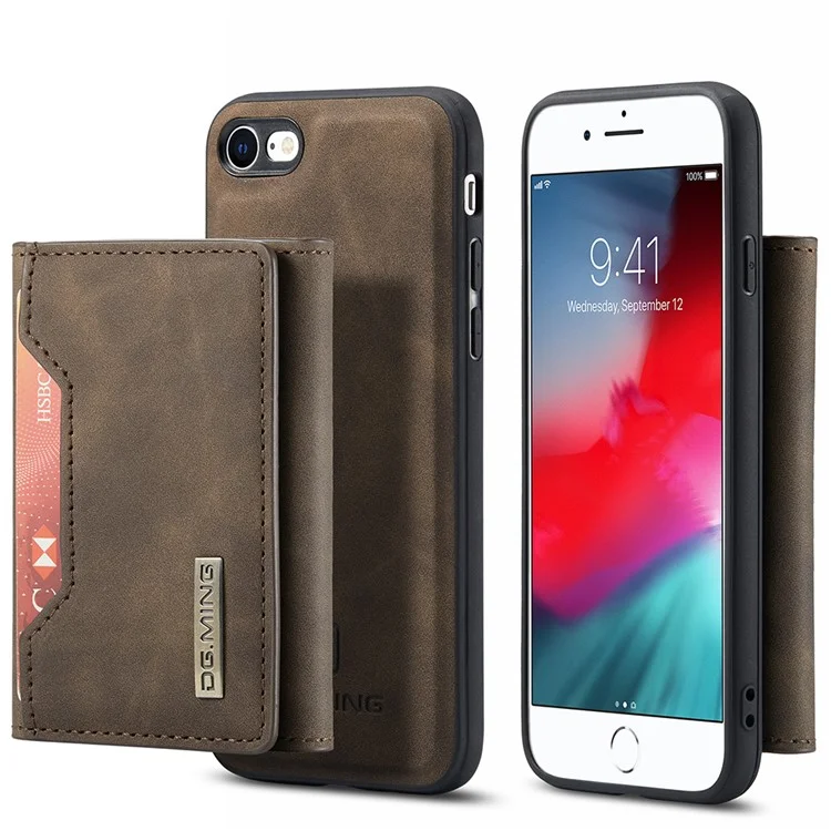 Serie M2 DG.MING Funda de cuero tipo cartera magnética extraíble con soporte para iPhone 7 de 4,7 pulgadas/8 de 4,7 pulgadas/SE (2020)/SE (2022) - Café 