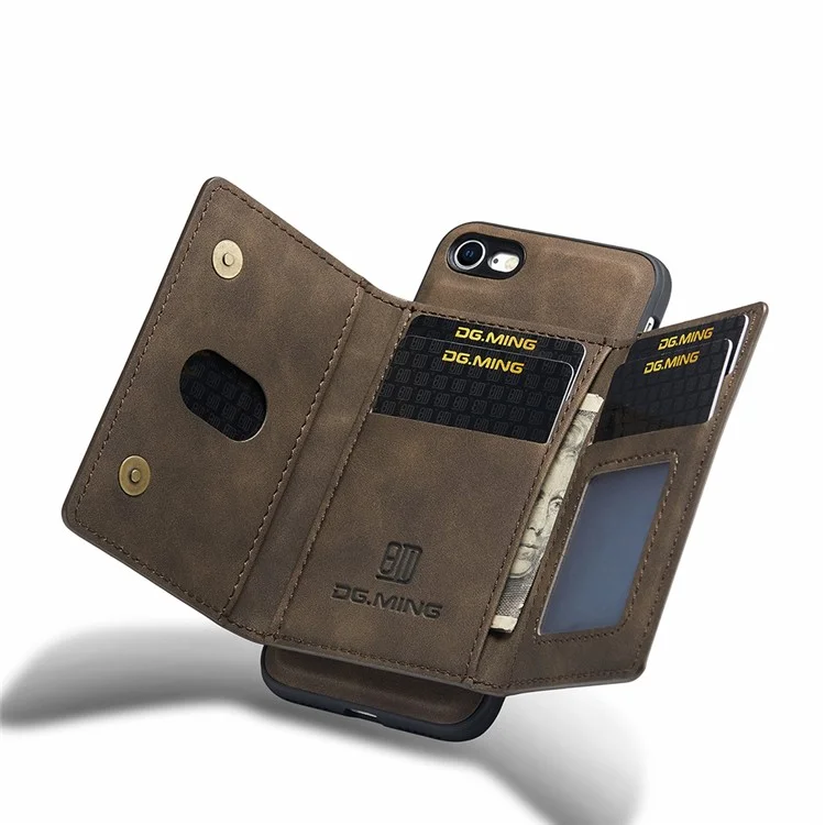 Serie M2 DG.MING Funda de cuero tipo cartera magnética extraíble con soporte para iPhone 7 de 4,7 pulgadas/8 de 4,7 pulgadas/SE (2020)/SE (2022) - Café 