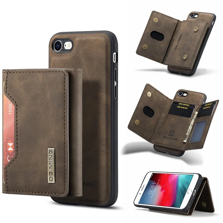 Serie M2 DG.MING Funda de cuero tipo cartera magnética extraíble con soporte para iPhone 7 de 4,7 pulgadas/8 de 4,7 pulgadas/SE (2020)/SE (2022) - Café 