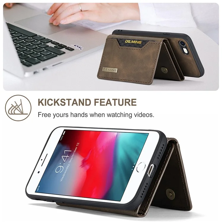 Serie M2 DG.MING Funda de cuero tipo cartera magnética extraíble con soporte para iPhone 7 de 4,7 pulgadas/8 de 4,7 pulgadas/SE (2020)/SE (2022) - Café 