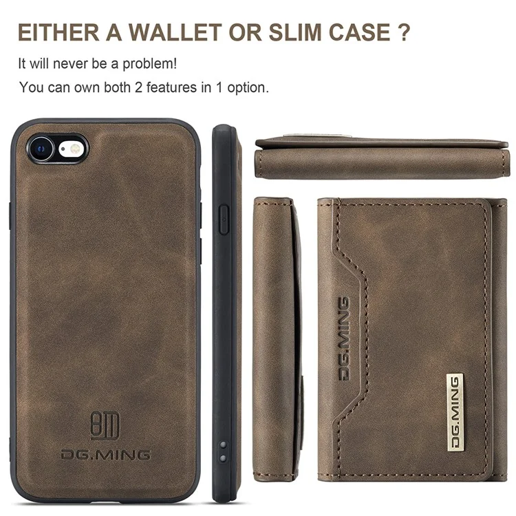 Serie M2 DG.MING Funda de cuero tipo cartera magnética extraíble con soporte para iPhone 7 de 4,7 pulgadas/8 de 4,7 pulgadas/SE (2020)/SE (2022) - Café 