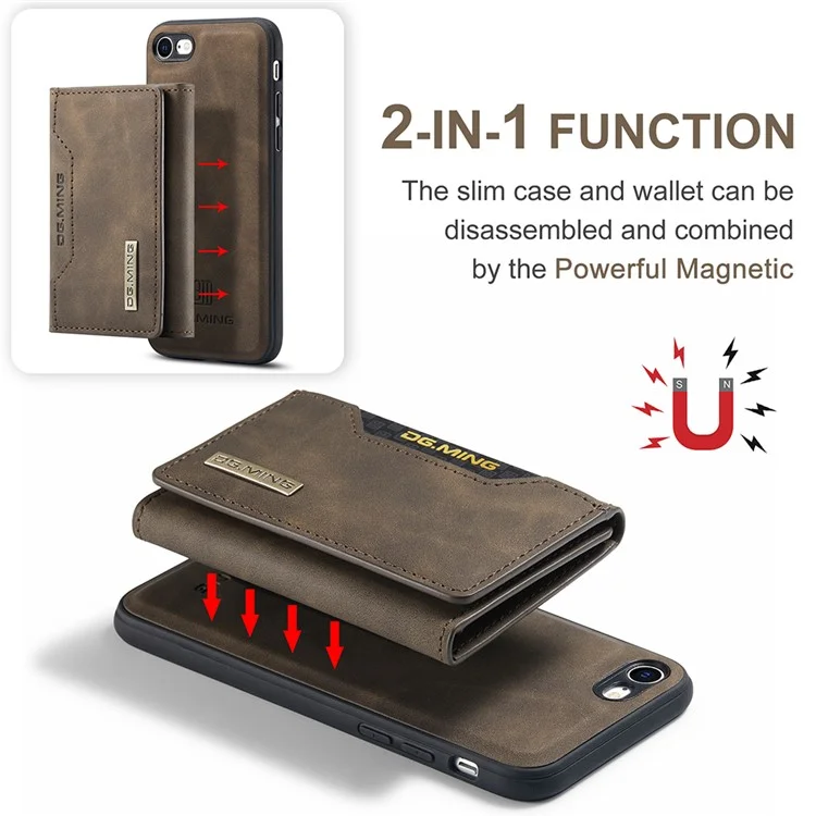 Serie M2 DG.MING Funda de cuero tipo cartera magnética extraíble con soporte para iPhone 7 de 4,7 pulgadas/8 de 4,7 pulgadas/SE (2020)/SE (2022) - Café 