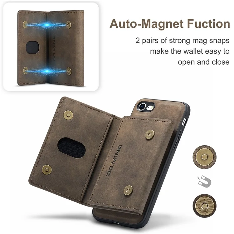 Serie M2 DG.MING Funda de cuero tipo cartera magnética extraíble con soporte para iPhone 7 de 4,7 pulgadas/8 de 4,7 pulgadas/SE (2020)/SE (2022) - Café 