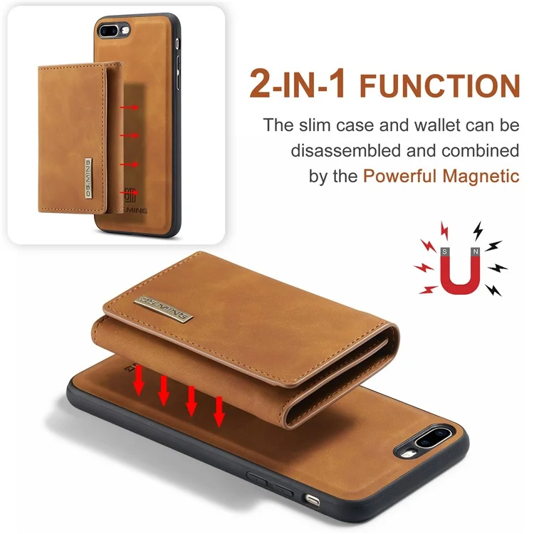 DG.MING M1 Series Kickstand Magnetic Detachable Cover Flip Folio Magnetic 2-in-1 Purse Protective Leather Case for iPhone 7 Plus 5.5 inch / 8 Plus 5.5 inch - Brown