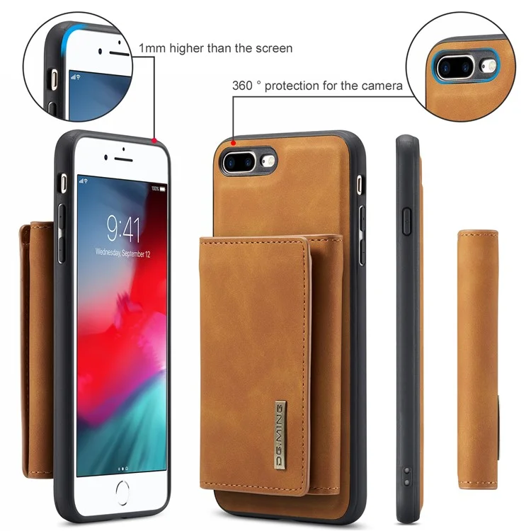 DG.MING M1 Series Kickstand Magnetic Detachable Cover Flip Folio Magnetic 2-in-1 Purse Protective Leather Case for iPhone 7 Plus 5.5 inch / 8 Plus 5.5 inch - Brown
