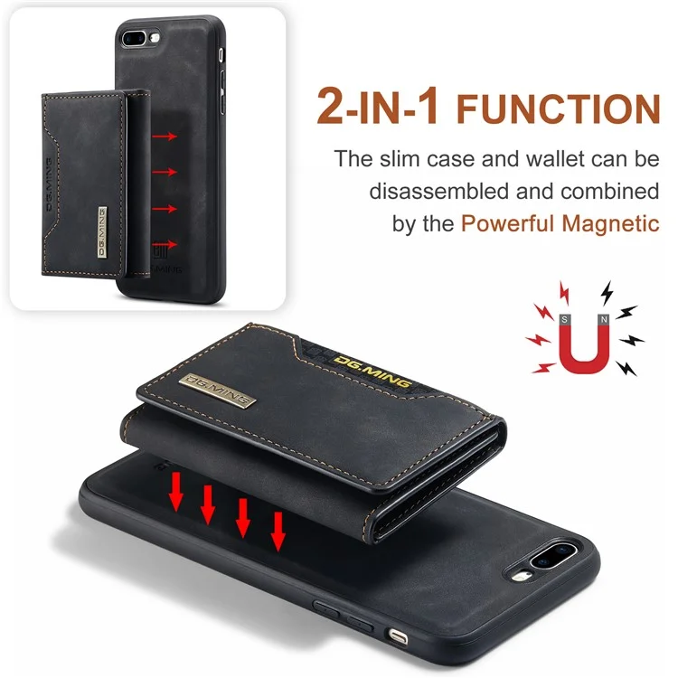 DG.MING M2 Series Detachable Wallet Leather Case Kickstand Magnetic Cover Compatible with Wireless Charging for iPhone 7 Plus 5.5 inch / 8 Plus 5.5 inch - Black
