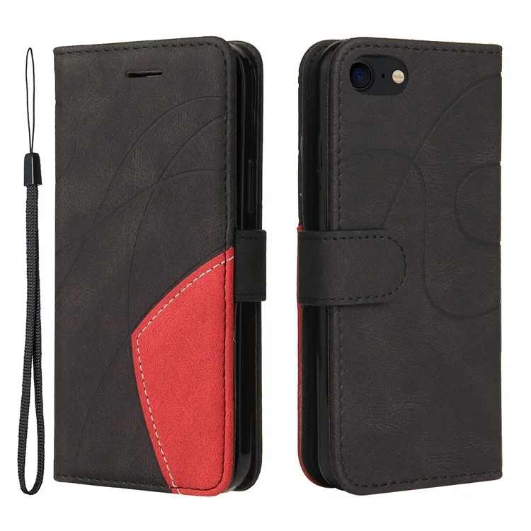 KT Leather Series-1 Anti-Resistant Bi-color Splicing Slim Magnetic Soft PU Shockproof Flip Cover Wallet with Hand Strap for iPhone 7 4.7 inch/8 4.7 inch/SE (2020)/SE (2022) - Black