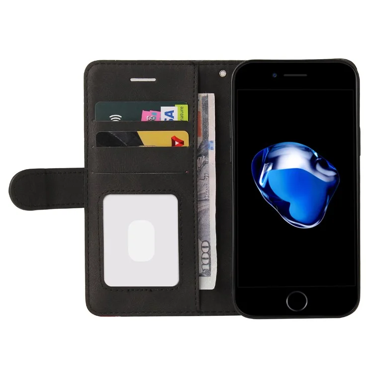 KT Leather Series-1 Antiresistenter, zweifarbiger Blendenbildung Schlanke magnetische weiche PU stoßfeste Flip-Cover-Geldbörse mit Handschlaufe für iPhone 7 4,7 Zoll/8 4,7 Zoll/SE (2020)/SE (2022) - Schwarz