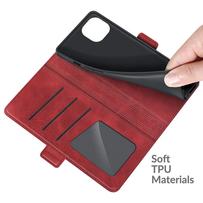 PU Leather Full Protection Wallet Cover Stand Case with Magnetic Double Clasp for iPhone 13 6.1-inch - Red
