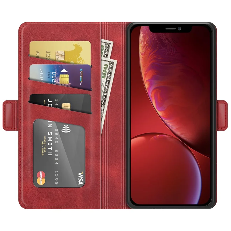 PU Leather Full Protection Wallet Cover Stand Case with Magnetic Double Clasp for iPhone 13 6.1-inch - Red