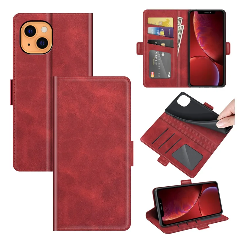 PU Leather Full Protection Wallet Cover Stand Case with Magnetic Double Clasp for iPhone 13 6.1-inch - Red