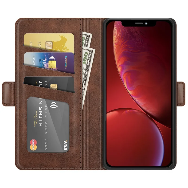 PU Leather Full Protection Wallet Cover Stand Case with Magnetic Double Clasp for iPhone 13 6.1-inch - Coffee